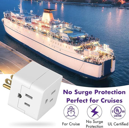POWERCORDS 3 Power Blocks Outlet Splitter, 3 Pack, Grounded Wall Tap, 3-Prong Plug Adapter AC Multi Plug Wall Outlet, Power Splitter, Cruise Essentials, for Home Office School Dorm, UL Listed, White