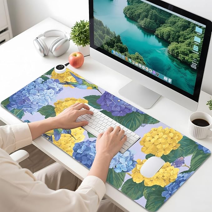 Heated Desk Pad Mouse Pad 31.5x13 Inch PU Leather Desk Mat with 3 Heat Levels Large Mouse Gaming Computer Laptop Mat Blue Hydrangeas Hummingbirds
