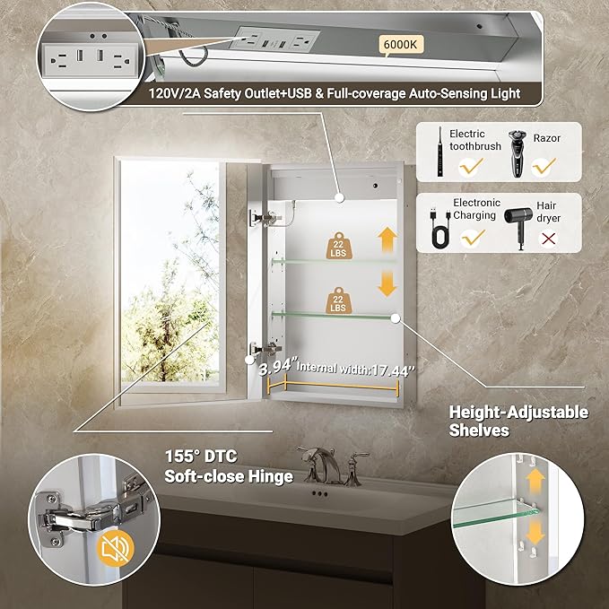20x26 Medicine Cabinet Mirror with Double Lights & Clock, Front+Backlit Surface or Recessed Fogless Lighted Medicine Cabinet Mirror, 155°Soft-close Right Hinge,Time-Display,Outlet,Inner Light