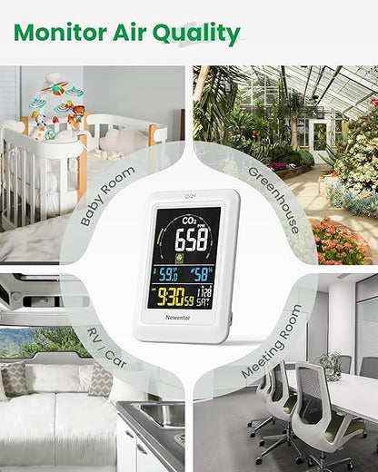 Newentor CO2 Monitor, Indoor Air Quality Meters, Carbon Dioxide Detector with Voice Alert, Large Display CO2 Tester, Temperature Humidity Sensor, Alarm Clock for Home, RV, Grow Tents, White