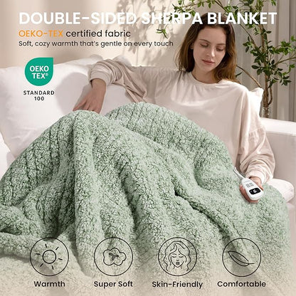 Heated Blanket Electric Blanket Twin - Fast Heating Blanket Throw Double Sided Sherpa Ultra Soft Cozy with 10 Heating Levels & 2-10 Hours Auto Off, Mashine Washable, 62 x 84 Inches, Sage
