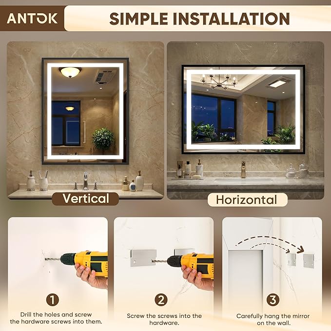Antok 30X36 LED Bathroom Mirror with Lights, Vanity Mirror for Wall with Black Frame, Touch Control, Anti-Fog, Dimmable Lights, Shatter-Proof, Memory Function, Wall-Mounted Vanity Mirrors