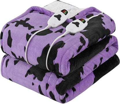 Cow Print Electric Heated Blanket Queen Size,84X90 Purple Heating Blanket Queen With Dual Control&Timer&10 Heat Levels,Highland Cow Decor Fleece Sherpa Blankets Warmer Gifts for Bed Women Adults