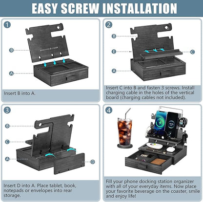 Black Wood Phone Docking Station for up to 3 Phones, Samsung Galaxy Watch Compatible Nightstand Organizer with Drawer for Valuables for Men & Women, Holds Phones, Tablets, Keys, Rings, Glasses, EDC