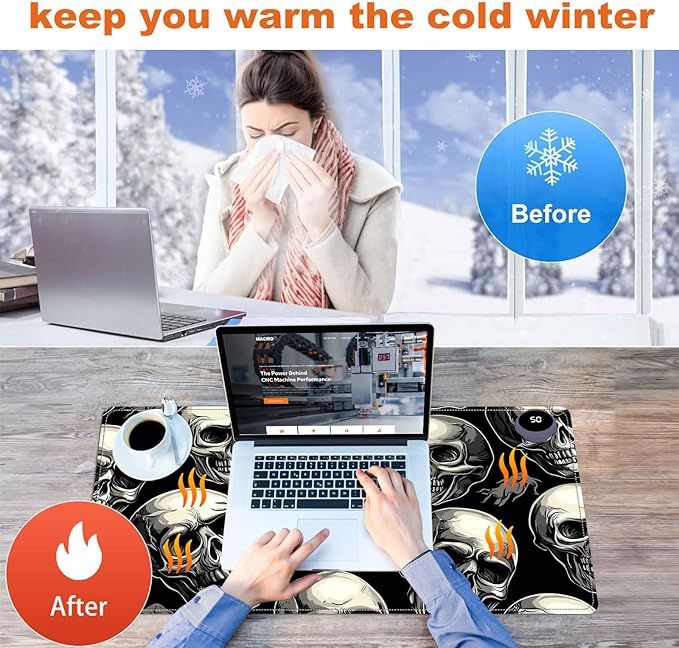 Small Heated Desk Pad 23.6" x 14.2" – Compact Electric Mouse Pad with 3 Heating Levels, Auto Shut-Off, Waterproof PU Surface, Plug-in Warmer for Office or Home Use, Skull Pattern