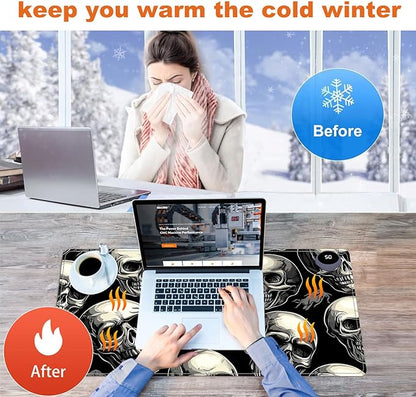 Small Heated Desk Pad 23.6" x 14.2" – Compact Electric Mouse Pad with 3 Heating Levels, Auto Shut-Off, Waterproof PU Surface, Plug-in Warmer for Office or Home Use, Skull Pattern