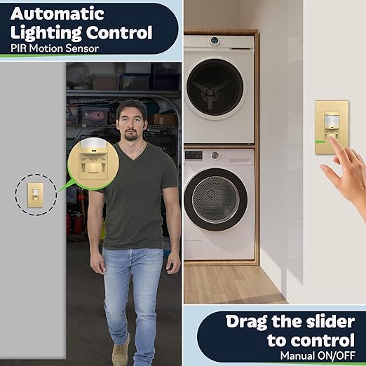 TOPGREENER in Wall PIR Motion Sensor Light Switch, Occupancy Sensor Switch, 𝐍𝐞𝐮𝐭𝐫𝐚𝐥 𝐖𝐢𝐫𝐞 𝐑𝐞𝐪𝐮𝐢𝐫𝐞𝐝, On/Off Override, 𝐒𝐢𝐧𝐠𝐥𝐞 𝐏𝐨𝐥𝐞, 4A, 500W, TSOS5-GDSWP,Gold,2 Pack
