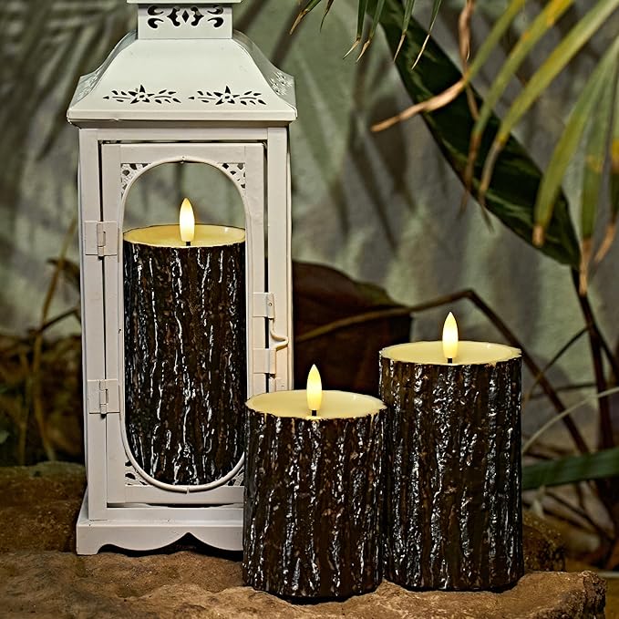 Comenzar Flameless Candles Battery Operated Candles Pine Bark Effect Real Candle Flickering 3D Wick Electric Home Decor Festival LED Candle with Timer 3Pack