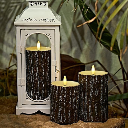 Comenzar Flameless Candles Battery Operated Candles Pine Bark Effect Real Candle Flickering 3D Wick Electric Home Decor Festival LED Candle with Timer 3Pack
