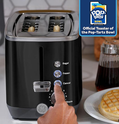 GE 2 Slice Black Stainless Steel Toaster, Extra Wide Slots for Toasting Bagels, Breads, Waffles & More, 7 Adjustable Shade Settings, Removable Crumb Tray, Countertop Kitchen Essentials, 850 Watts