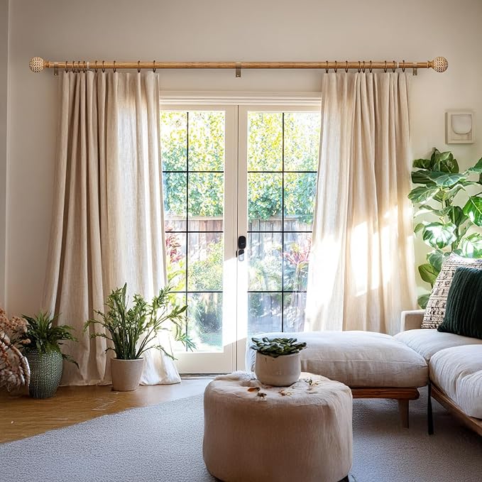 Imitation Wood Grain Curtain Rods for Windows 48 to 84 Inch,1 Inch Heavy Duty Adjustable Wood Curtain Rod,Boho Decorative Drapery Rods Set with Brackets,Size:36''-88''