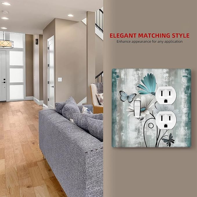 Wallplates Rustic Teal Daisy Floral Flowers Butterfly Wood Grain 1 Toggle 1 Duplex Switch Plate Electrical GFCI Faceplate Decorative Light Switch Covers for Bathroom Bedroom Decor