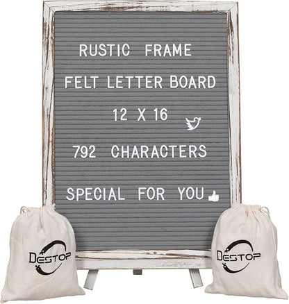 Felt Board With Rustic Vintage Frame and Stand 12x16 Inch, Grey Changeable Message Board Includes 792 Letters, Numbers and Symbols, Hook to Hang, 2 Canvas Bags