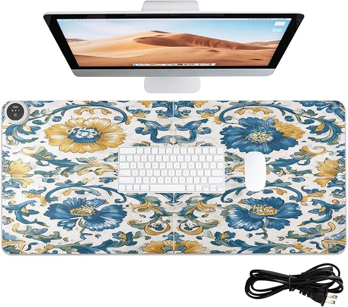 Heated Desk Pad Mouse Pad 31.5x13 Inch PU Leather Desk Mat with 3 Heat Levels Large Mouse Gaming Computer Laptop Mat Floral Blue and Yellow Tile