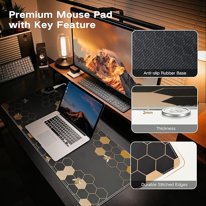 iCasso Heated Mouse Pad, XL Big Desk Pad with 4 Heating Levels & 4 Auto Shut-Off Levels for Computer Keyboard, 31.5" x 13" Large Safe Desk Mat Hand Warmer for Home Office Work (Honeycomb)