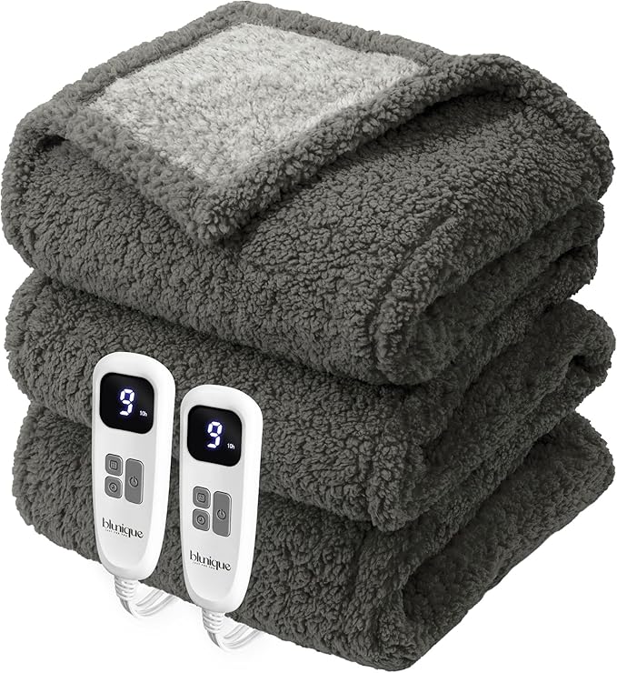 Heated Blanket Electric Blanket Queen - Fast Heating Blanket Throw Dual Control Double Sided Sherpa with 10 Heating Levels & 2-10 Hours Auto Off, Mashine Washable, 84 x 90 Inches, Grey