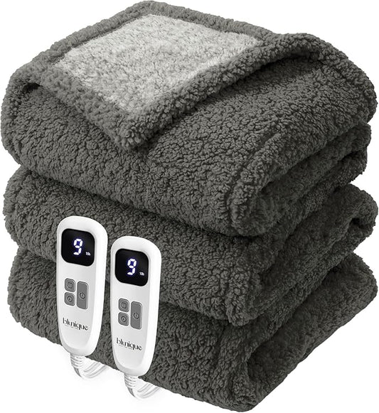 Heated Blanket Electric Blanket Queen - Fast Heating Blanket Throw Dual Control Double Sided Sherpa with 10 Heating Levels & 2-10 Hours Auto Off, Mashine Washable, 84 x 90 Inches, Grey