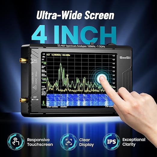 SeeSii TinySA Ultra+ ZS407 7.3GHz Spectrum Analyzer: 2025 Upgraded 4 Inch HW V0.5.4 100kHz-7.3GHz Handheld Tiny Frequency Analyzer - 2-in-1 RF Signal Generator 100kHz to 900MHz MF/HF/VHF UHF
