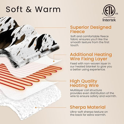 Cow Print Heated Throw Blanket Electric Blanket-Heating Blanket Throw with 10 Heat Levels & 10 Hours Auto-Off, Cozy Soft Fleece Sherpa, Washable, 50 x 60 Inches Cow Print Grey
