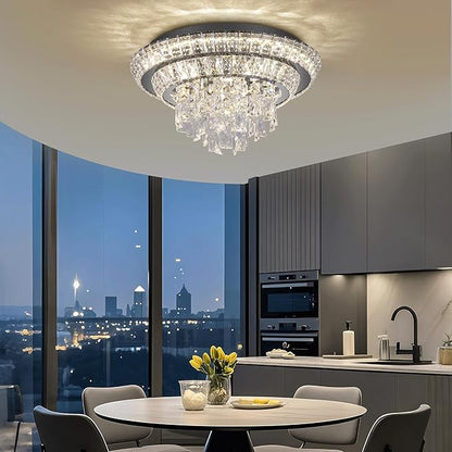 18 inch Crystal Black Ceiling-Light Flush Mount with Remote and APP Control, 3CCT Dimmable & Brightness Adjustable, Modern Crystal Raindrop Chandeliers for Bedroom Hallway Dinning Room Living Room
