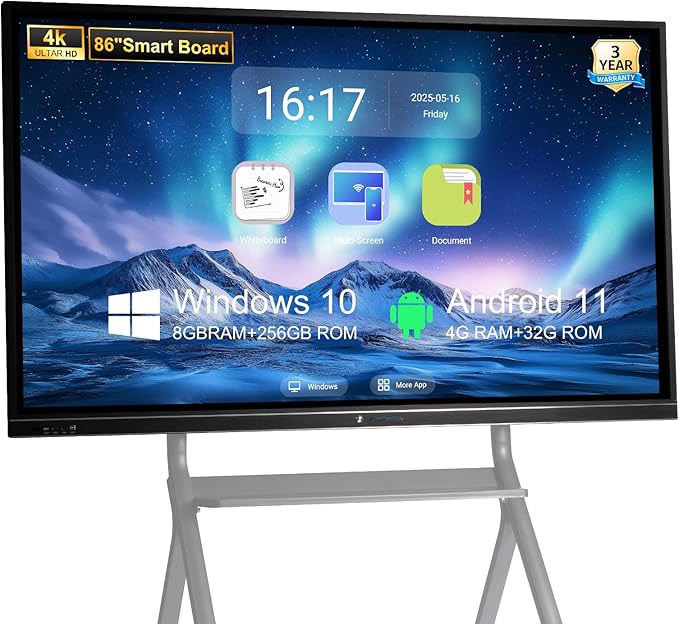 86" Smart Board - 4K UHD Interactive Whiteboard with Dual OS (Android/Windows), All-in-One Digital Electronic Whiteboard for Conference Rooms & Classrooms - Includes Wall Mount & Remote Control