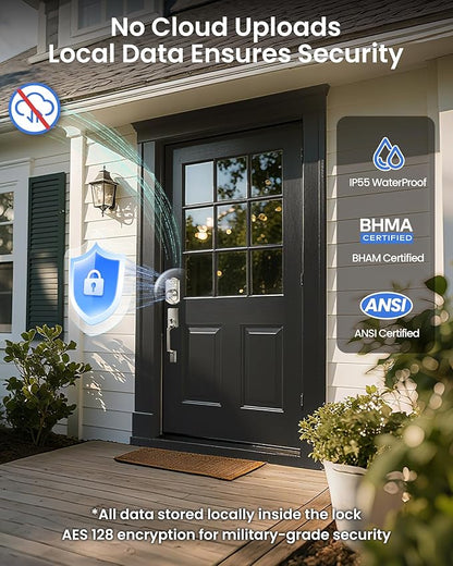 TEEHO TE012W-H WiFi Smart Door Lock with Handle, Fingerprint, Keypad, Key & App Control, Keyless Entry Deadbolt Set, Compatible with Alexa & Google Assistant, Easy Install for Front Door, Satin Nickel