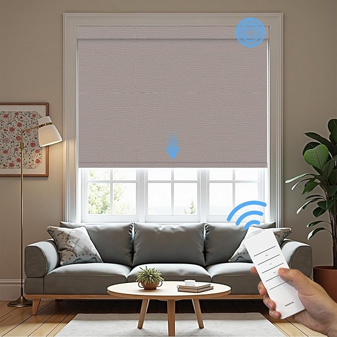 Motorized Roller Blinds with Remote, 100% Blackout Automatic Roller Shades for Bedroom, Bathroom, and Living Room, Customized Size, Woven Tapestry Brown
