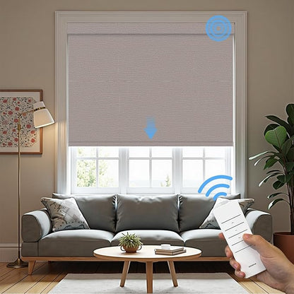 Motorized Roller Blinds with Remote, 100% Blackout Automatic Roller Shades for Bedroom, Bathroom, and Living Room, Customized Size, Woven Tapestry Brown