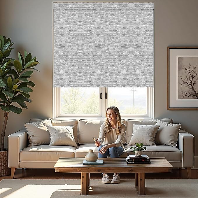 Motorized Roller Blinds with Remote, 100% Blackout Automatic Roller Shades for Bedroom, Bathroom, and Living Room, Customized Size, Fine Texture Gray