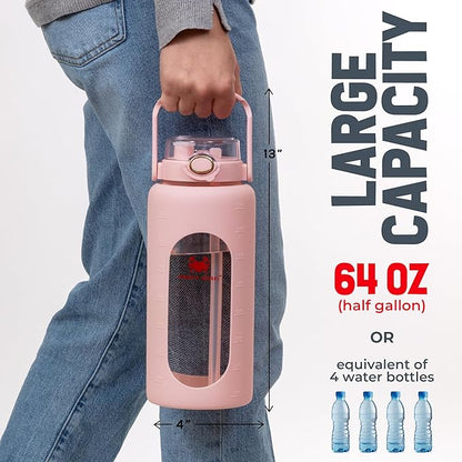 64 oz Glass Water Bottle – Pink | Half Gallon Borosilicate Bottle with Straw, Silicone Sleeve, Time Marker – Cute Leakproof Water Jug for Women, Gym, Travel