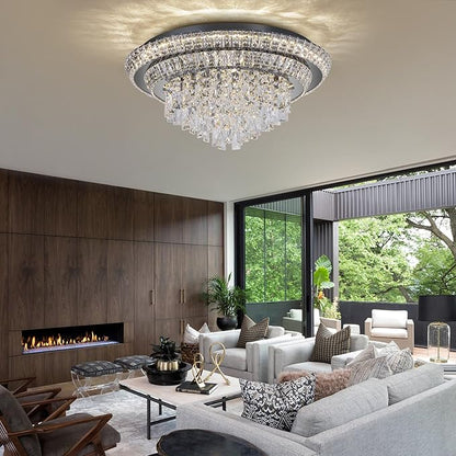 24 inch Crystal Black Ceiling-Light Flush Mount with Remote and APP Control, 3CCT Dimmable & Brightness Adjustable, Modern Crystal Raindrop Chandeliers for Bedroom Hallway Dinning Room Living Room