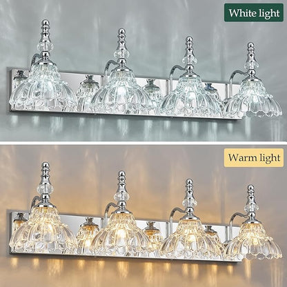 Vintage Bathroom Vanity Light, 4-Light Chrome Vanity Lighting Fixture with Flower Glass Shade, Bathroom Lighting Fixtures Over Mirror