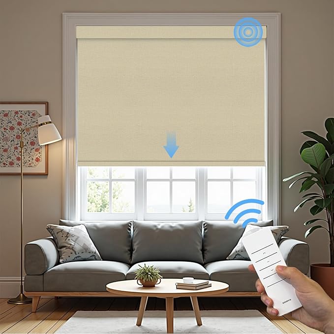 Motorized Roller Blinds with Remote, 100% Blackout Automatic Roller Shades for Bedroom, Bathroom, and Living Room, Customized Size, Morning Beige