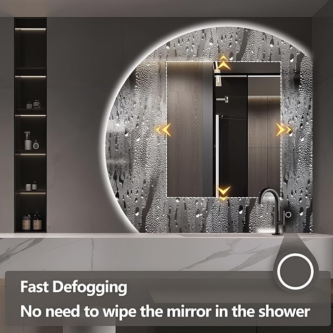 Niccy Half Moon LED Mirror for Bathroom, 48" Semi Backlit Mirror Frameless Makeup Mirror with Light, Anti-Fog, Shatter-Proof, 3 Colors, Smart Vanity Mirror