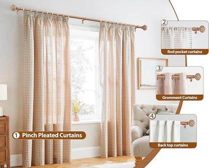TONIAL Wood Curtain Rod 32 to 58 Inches, 7/8 Adjustable Curtain Rods for Windows 20 to 54 Inches, Splicing Drapery Rods Decorative with Netted Texture Finials