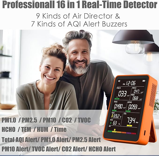 Professional Indoor Air Quality Monitor with AQI, Portable Real-Time Detector for Home Cars Plants and Pets (Orange)