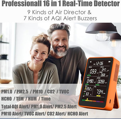 Professional Indoor Air Quality Monitor with AQI, Portable Real-Time Detector for Home Cars Plants and Pets (Orange)