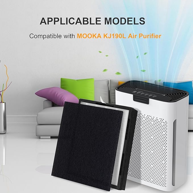 KJ190L H13 True HEPA Replacement, Compatible with Mooka KJ190L Air Purifier, 2 H13 True HEPA with 2 Washable Pre-Filters