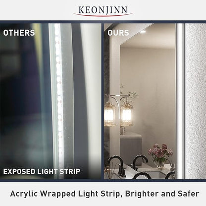 Keonjinn 48 x 28 Inch LED Bathroom Mirror with Backlit, Anti-Fog, CRI90+ HD Dimmable Vanity Mirror, High Lumen, Horizontal/Vertical Wall Mount, UL Listed Lighted Vanity Mirror, Waterproof