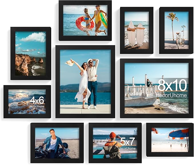 decorUhome Picture Frames Collage Wall Decor for Photo Gallery Display, Assorted Picture Frames set of 10 Including Two 8x10 / Four 5x7 / Four 4x6 for Family Wall Decor, Black, 10 Pack