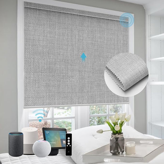 SmartWings Motorized Roller Shades Work with Homekit, Alexa Google, 100% Blackout Smart Blinds for Windows, Cordless Remote Control Window Shades, Vigor Pale Grey, Customized Size
