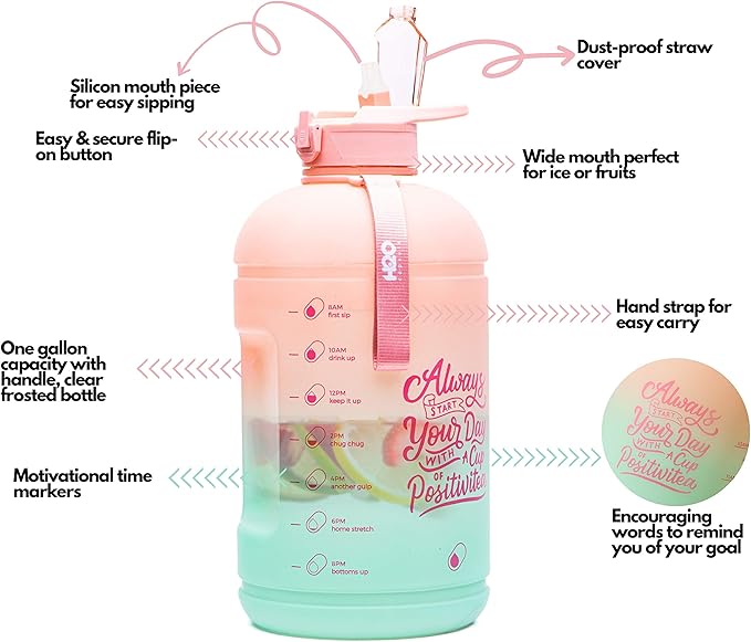 H2O Capsule INSPO Gallon Water Bottle with Time Marker and Straw Motivational Hydration Tracker Jug Big BPA-Free Food-Safe Leakproof Drinking Bottle with Handle & Strap, Lotus Blossom