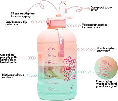 H2O Capsule INSPO Gallon Water Bottle with Time Marker and Straw Motivational Hydration Tracker Jug Big BPA-Free Food-Safe Leakproof Drinking Bottle with Handle & Strap, Lotus Blossom