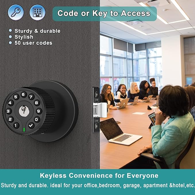 Keypad Door Knob with Key,Keyless Entry Door Lock, Code Locks Door Knob, Auto Lock,50 User Code,Easy to Install,for Home,Office,Bedroom,Garage,No Deadbolt