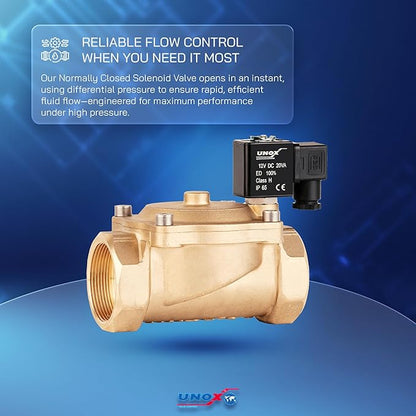 UNOX 1 1/2" NPT Solenoid Valve 12V DC, Brass Control Valve Normally Closed - 7-232 PSI Multi-Purpose Reliable Control Valve for Water, Air, and Gas - Solenoid Valves