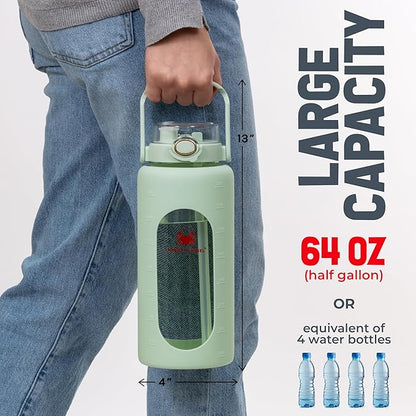 64 oz Glass Water Bottle with Straw Time Marker Half Gallon Motivational Tracker Bottles Large 2 Liter Drinking Jugs Big 2l Jug with Measurements Light Green