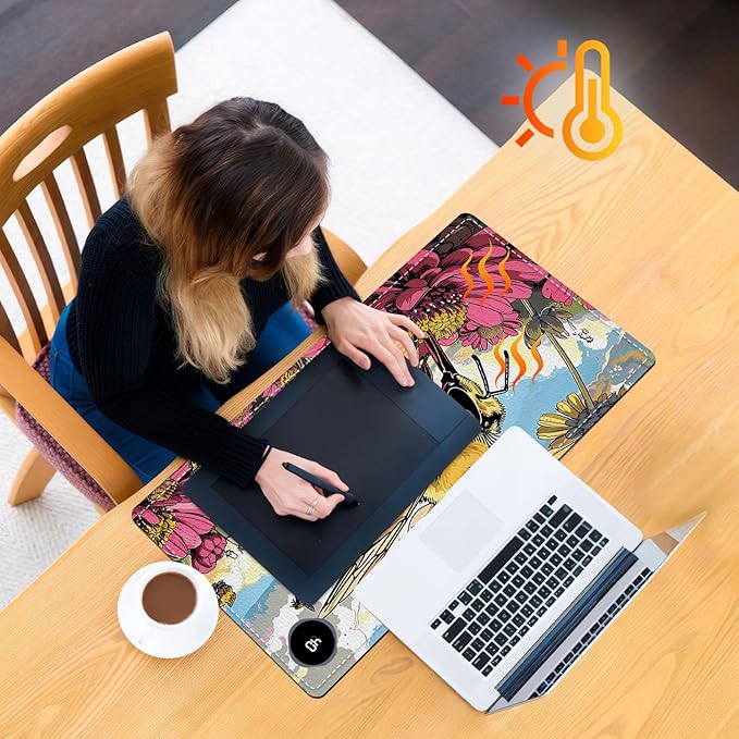 Heated Mouse Pad, Warm Desk Pad, Keyboard Mat 23.6 x 14 Inch Large Size Intelligent Fast Heating, 3 Speed Adjustable, Timed Auto Power Off for Game Office Home, Bees Collect Honey
