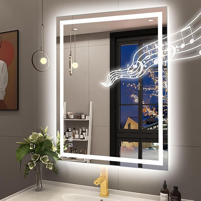 STARLEAD Led-Bathroom-Mirror-with-Lights, 28"x36" Wall-Mounted with 3 Colors Dimmable Light, Bluetooth Speaker, Anti-Fog, Memory, Tempered Glass, Front & Backlit (Horizontal/Vertical)