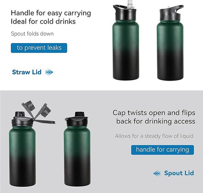 VEGOND 32 oz Insulated Water Bottle Stainless Steel Metal Water Bottles with Leak Proof Straw Lid & Spout Lid, Wide Mouth Double Walled Vacuum Travel Sports Bottle, Dark Green Black