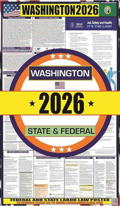 2026 Washington (WA) State Labor Law Poster - State, Federal and OSHA Compliant Laminated Poster - Ideal for Posting in The Workplace - Perfect for Common Rooms and Cafeterias - 20 Inch by 36 Inch